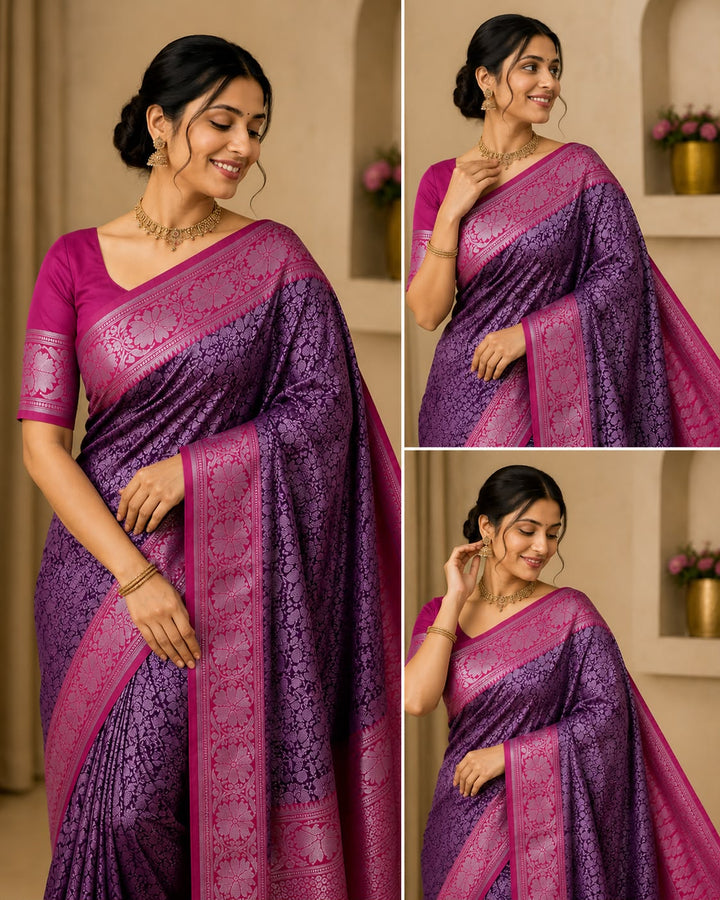 Deep Purple Banarasi Silk Saree with All-Over Silver Zari Floral Jaal &amp; Hot Pink Medallion Border