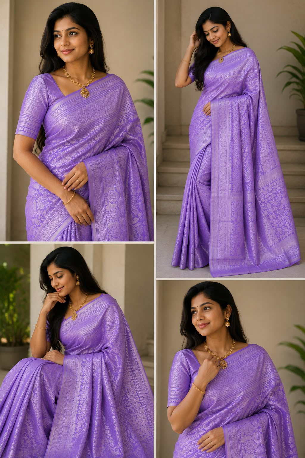Lavender Kanjipuram Silk Saree with All-Over Self-Tone Silver Zari Floral &amp; Geometric Weave