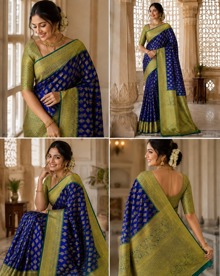 Royal Blue Banarasi Silk Saree with Gold Zari Diamond Buti &amp; Lime Green Dense Zari Pallu