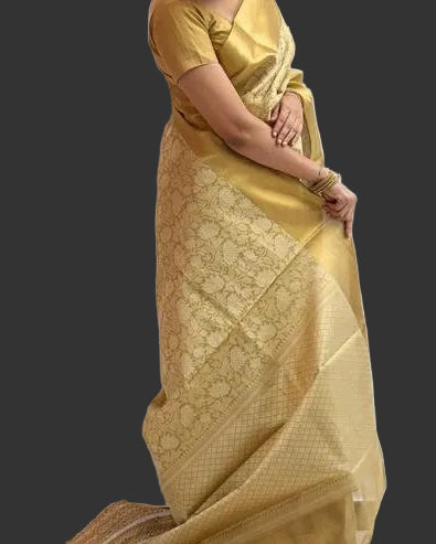 Golden Yellow Banarasi Silk Saree with All-Over Self-Tone Gold Zari Floral Jaal Weave