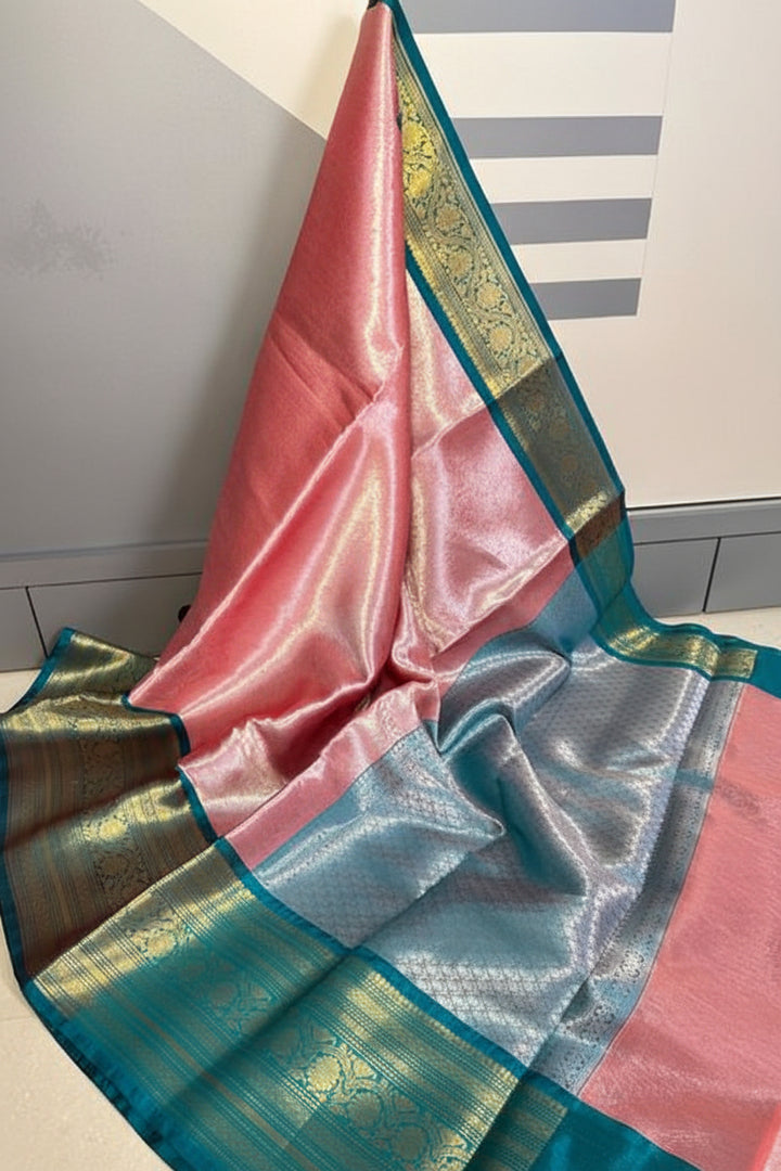 Blush Pink Kanjipuram Silk Saree with Teal Blue Contrast Border &amp; Silver Blue Pallu