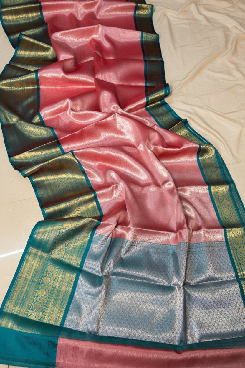Blush Pink Kanjipuram Silk Saree with Teal Blue Contrast Border &amp; Silver Blue Pallu