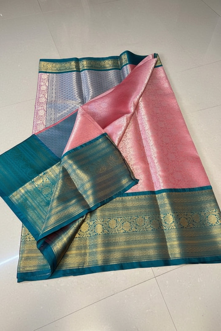 Blush Pink Kanjipuram Silk Saree with Teal Blue Contrast Border &amp; Silver Blue Pallu