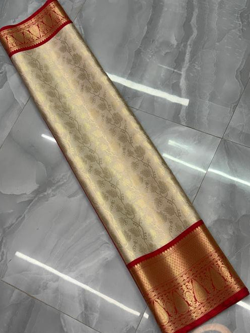 Cream Kanjipuram Silk Saree with Self-Tone Gold Zari Floral Weave &amp; Deep Red Mango Motif Border