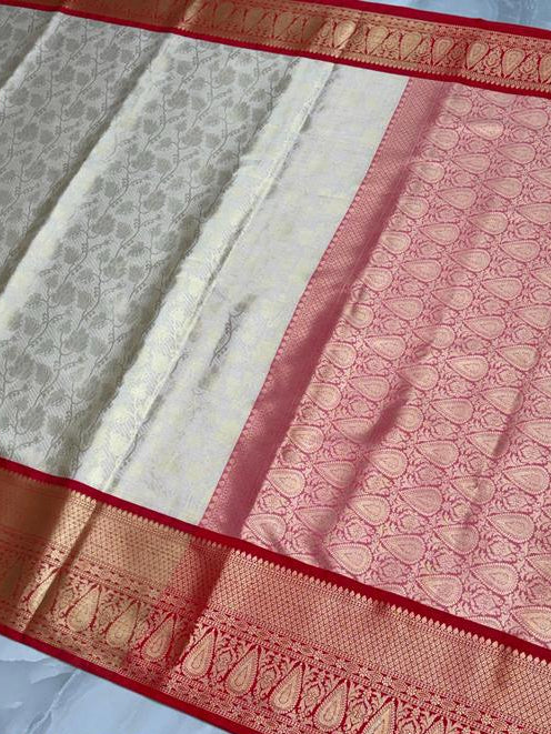 Cream Kanjipuram Silk Saree with Self-Tone Gold Zari Floral Weave &amp; Deep Red Mango Motif Border