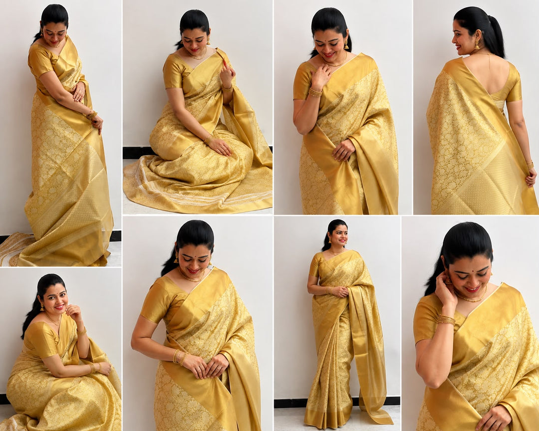 Golden Yellow Banarasi Silk Saree with All-Over Self-Tone Gold Zari Floral Jaal Weave