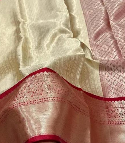 Cream Tissue Silk Saree with All-Over Gold Zari Stripe Weave &amp; Deep Red Dense Zari Border