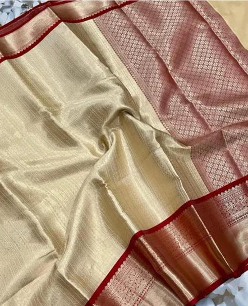 Cream Tissue Silk Saree with All-Over Gold Zari Stripe Weave &amp; Deep Red Dense Zari Border