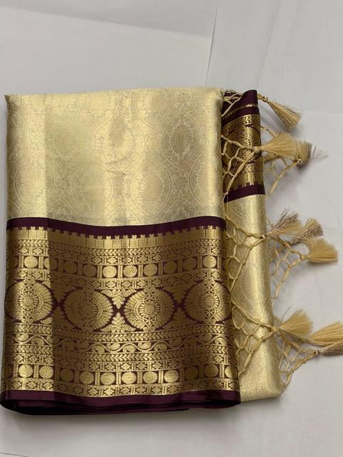 Cream Kanjipuram Silk Saree with Gold Zari Floral Jaal &amp; Wine Maroon Circular Medallion Border