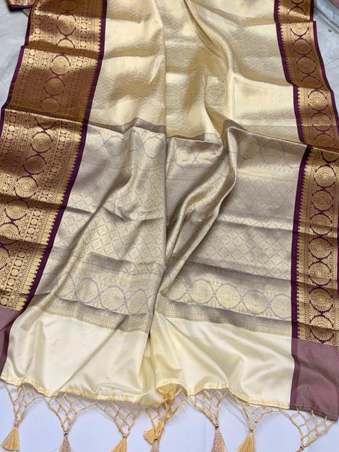 Cream Kanjipuram Silk Saree with Gold Zari Floral Jaal &amp; Wine Maroon Circular Medallion Border