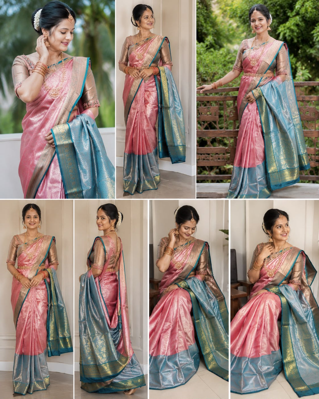 Blush Pink Kanjipuram Silk Saree with Teal Blue Contrast Border &amp; Silver Blue Pallu