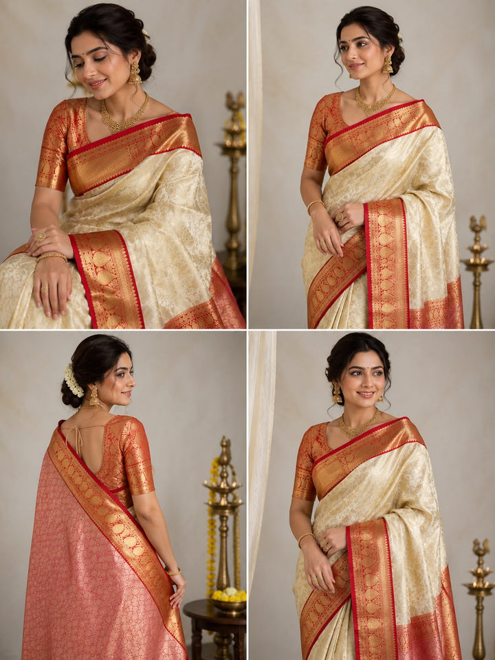 Cream Kanjipuram Silk Saree with Self-Tone Gold Zari Floral Weave &amp; Deep Red Mango Motif Border