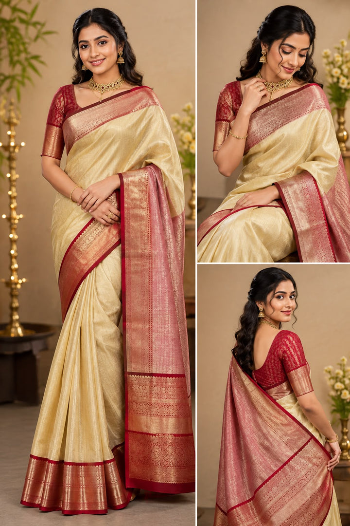 Cream Tissue Silk Saree with All-Over Gold Zari Stripe Weave &amp; Deep Red Dense Zari Border