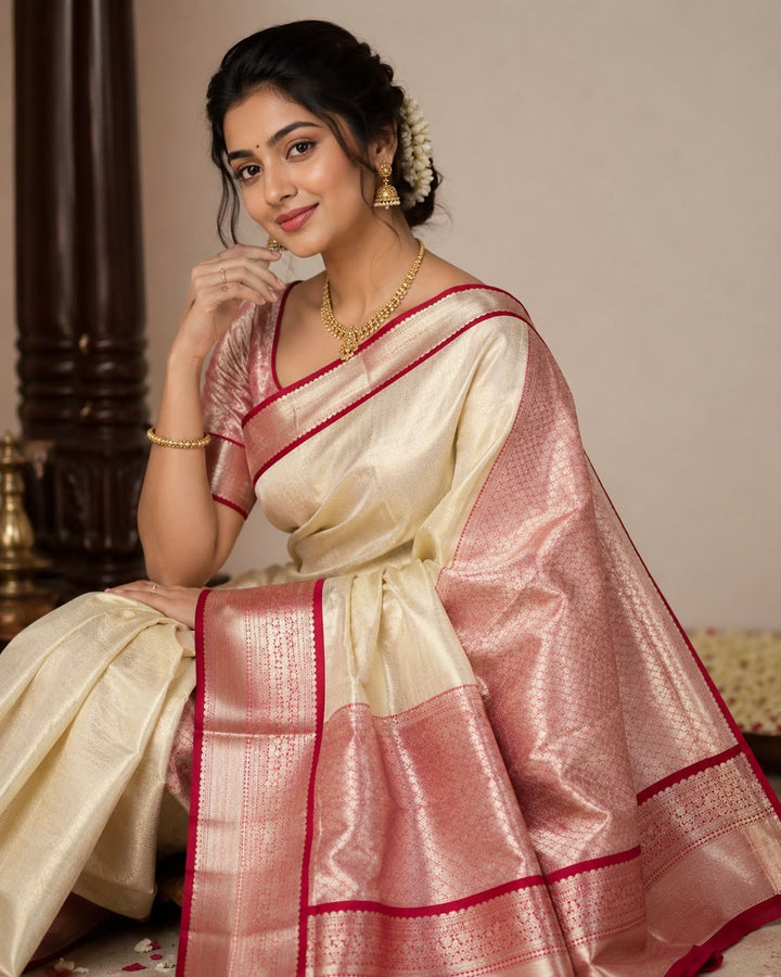 Cream Tissue Silk Saree with All-Over Gold Zari Stripe Weave &amp; Deep Red Dense Zari Border