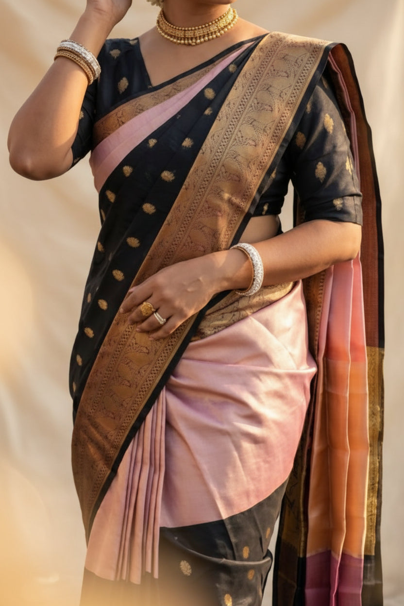 Black Banarasi Silk Saree with Gold Zari Buti &amp; Blush Pink Inner Drape