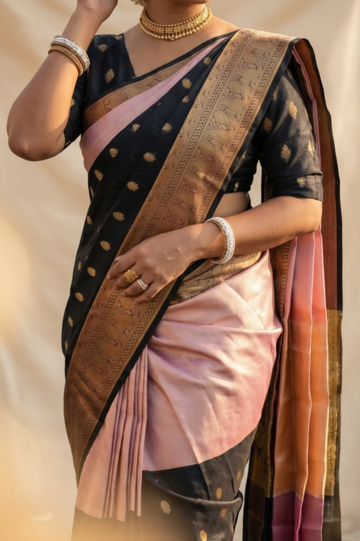 Black Banarasi Silk Saree with Gold Zari Buti &amp; Blush Pink Inner Drape
