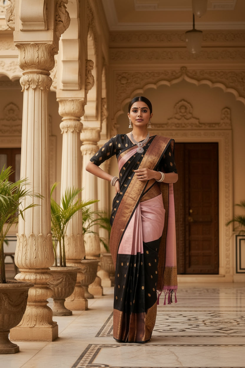 Black Banarasi Silk Saree with Gold Zari Buti &amp; Blush Pink Inner Drape