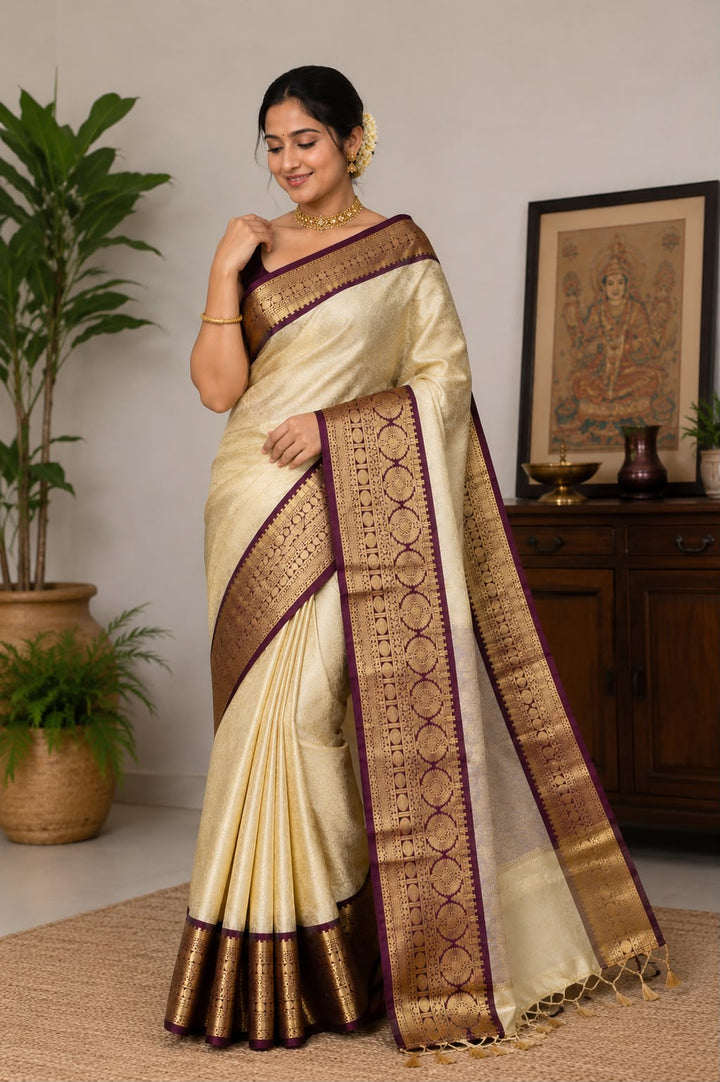 Cream Kanjipuram Silk Saree with Gold Zari Floral Jaal &amp; Wine Maroon Circular Medallion Border