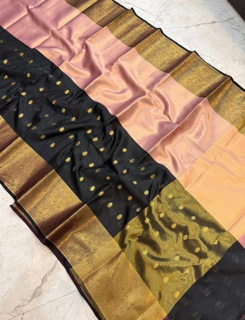 Black Banarasi Silk Saree with Gold Zari Buti &amp; Blush Pink Inner Drape