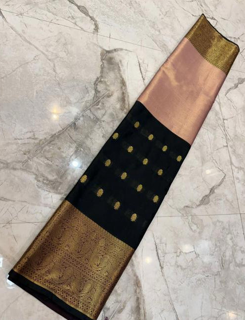 Black Banarasi Silk Saree with Gold Zari Buti &amp; Blush Pink Inner Drape
