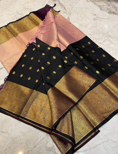 Black Banarasi Silk Saree with Gold Zari Buti &amp; Blush Pink Inner Drape