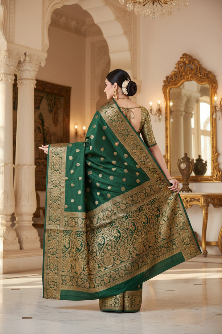 Green Banarasi Silk Saree - Front view with gold zari pallu