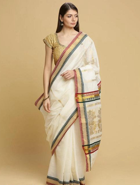 Ivory Saree with Multicolor Geometric Border