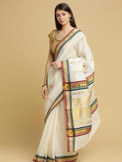Ivory Saree with Multicolor Geometric Border