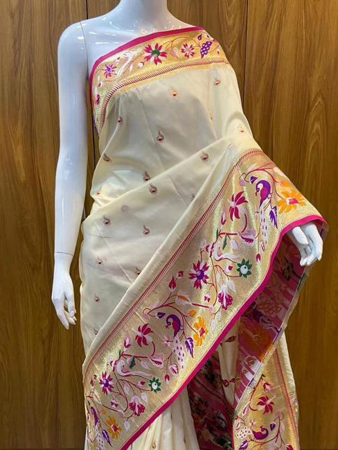 Ivory Saree with Multicolor Floral Border