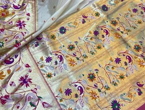 Ivory Saree with Multicolor Floral Border
