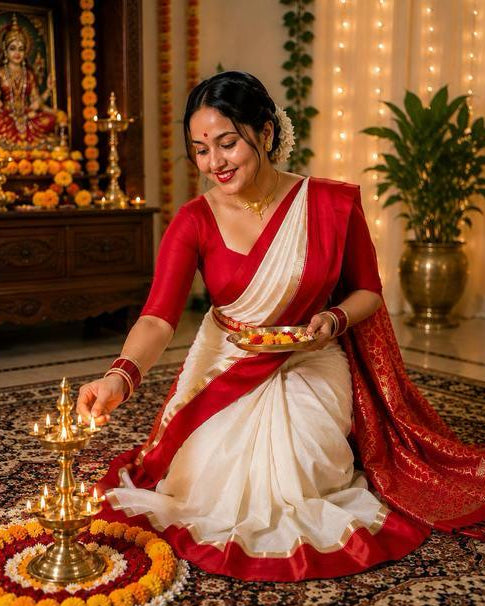 Ivory Saree with Red Border and Gold Accents