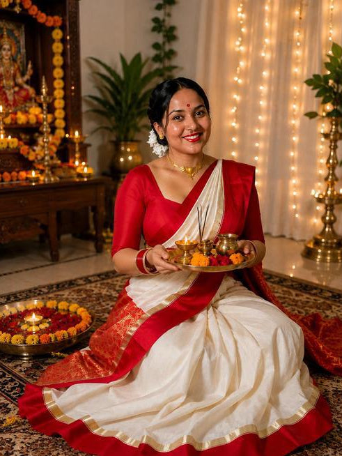 Ivory Saree with Red Border and Gold Accents
