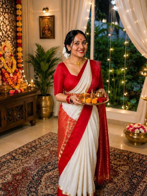 Ivory Saree with Red Border and Gold Accents