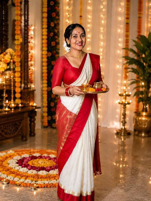 Ivory Saree with Red Border and Gold Accents
