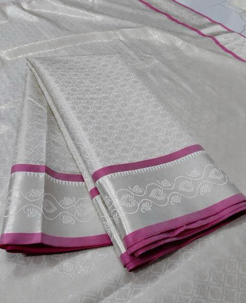 Silver-Toned Saree with Pink Border and Patterned Pallu