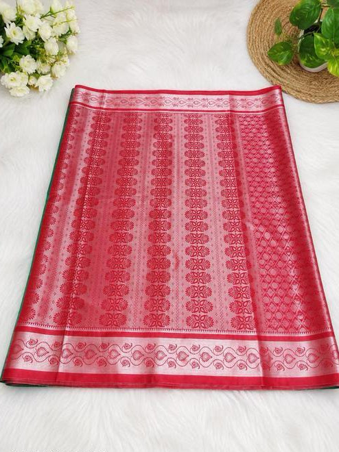Silver-Toned Saree with Pink Border and Patterned Pallu