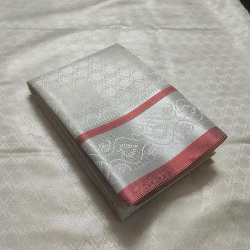 Silver-Toned Saree with Pink Border and Patterned Pallu