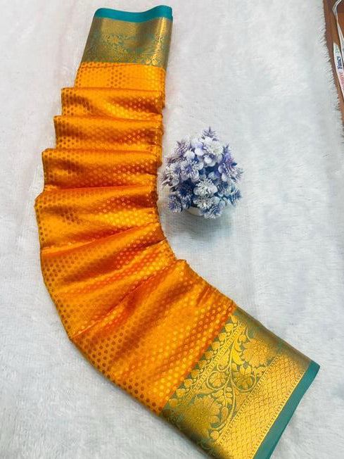 Orange Saree with Gold Floral Border and Teal Trim