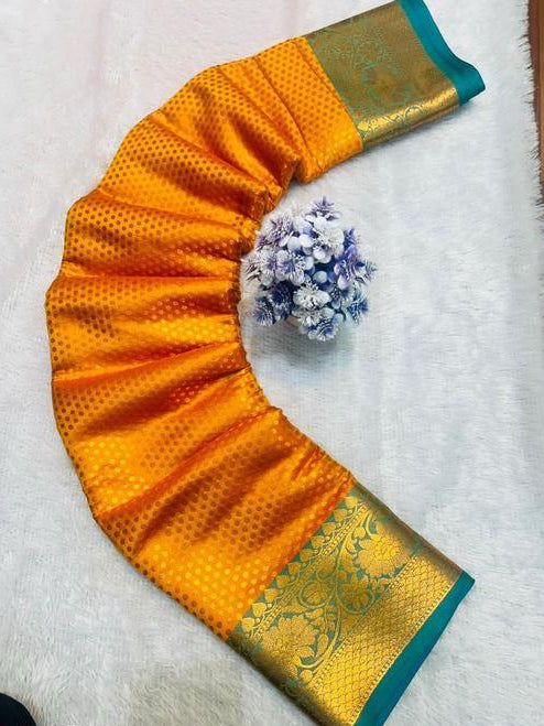 Orange Saree with Gold Floral Border and Teal Trim