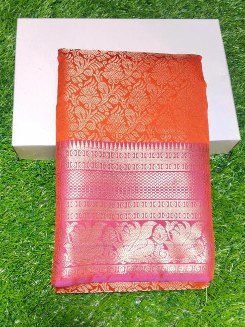 Orange Saree with Pink and Gold Woven Border
