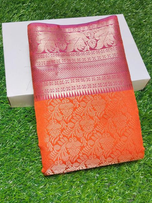 Orange Saree with Pink and Gold Woven Border