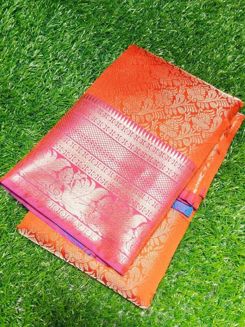 Orange Saree with Pink and Gold Woven Border