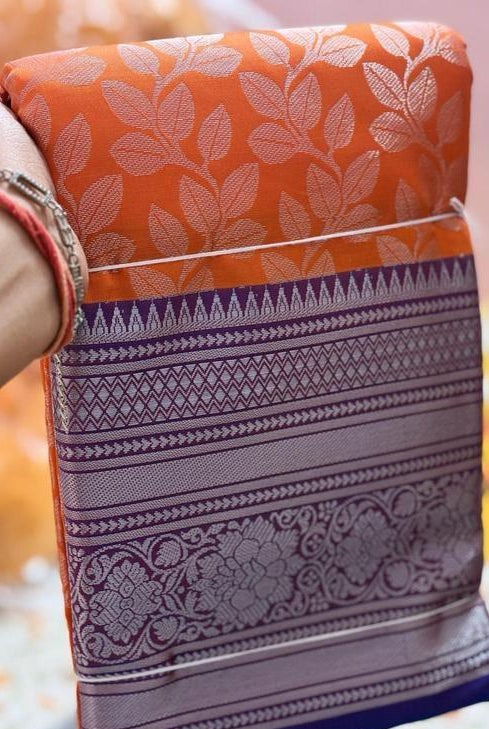Orange Leaf Motif Saree with Purple Silver Border