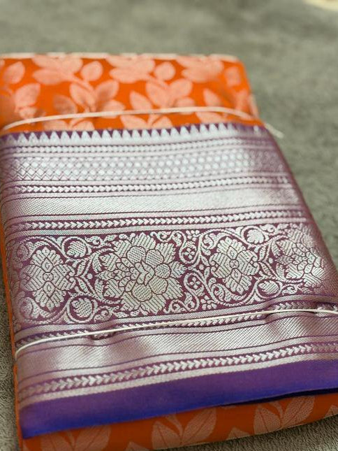 Orange Leaf Motif Saree with Purple Silver Border