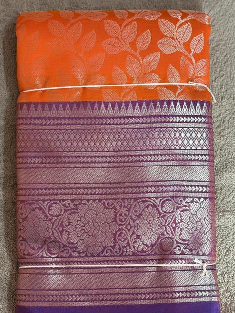 Orange Leaf Motif Saree with Purple Silver Border