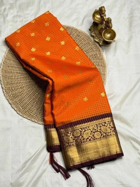 Orange Saree with Gold Motifs and Maroon-Gold Border