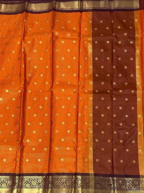 Orange Saree with Gold Motifs and Maroon-Gold Border