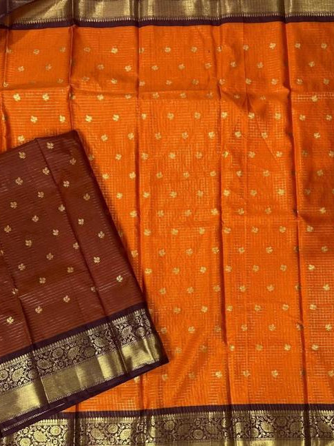 Orange Saree with Gold Motifs and Maroon-Gold Border