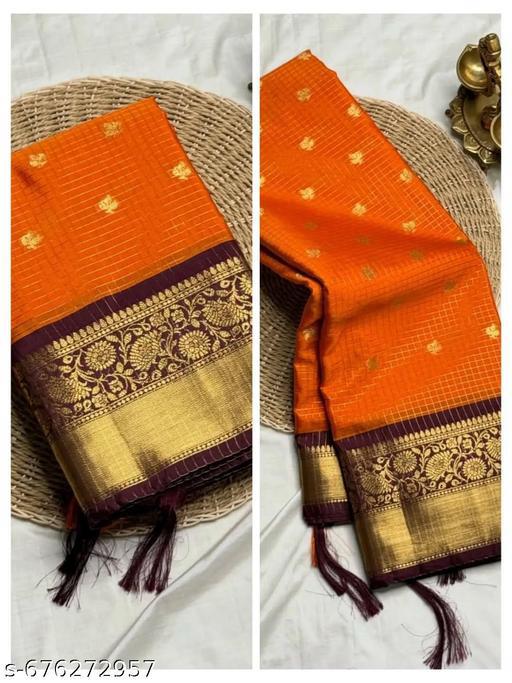 Orange Saree with Gold Motifs and Maroon-Gold Border
