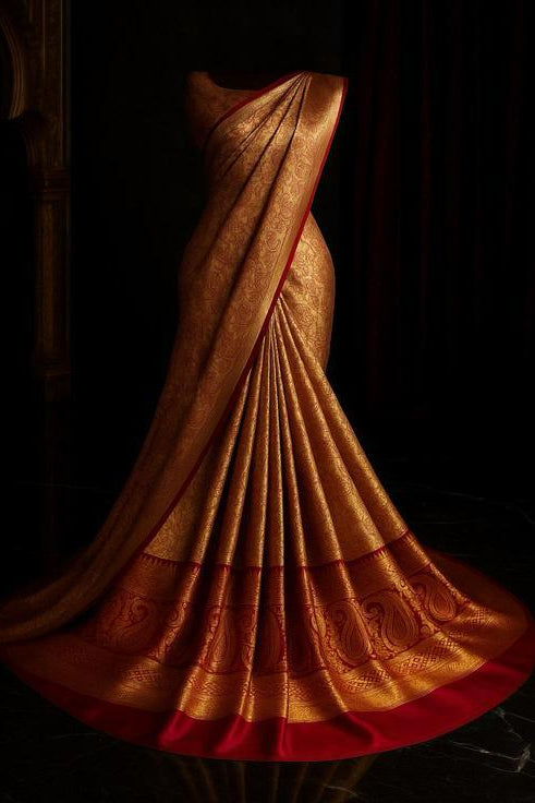 Gold-Toned Saree with Red Brocade Border